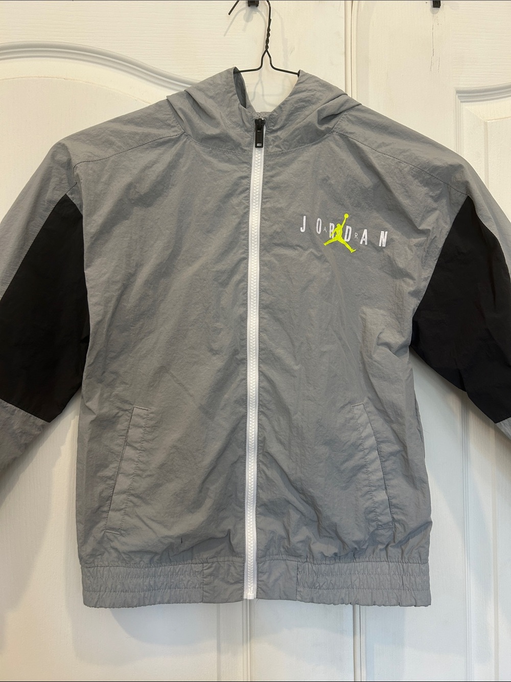 Jordan Gray and Black Hooded Windbreaker with Neon Accent